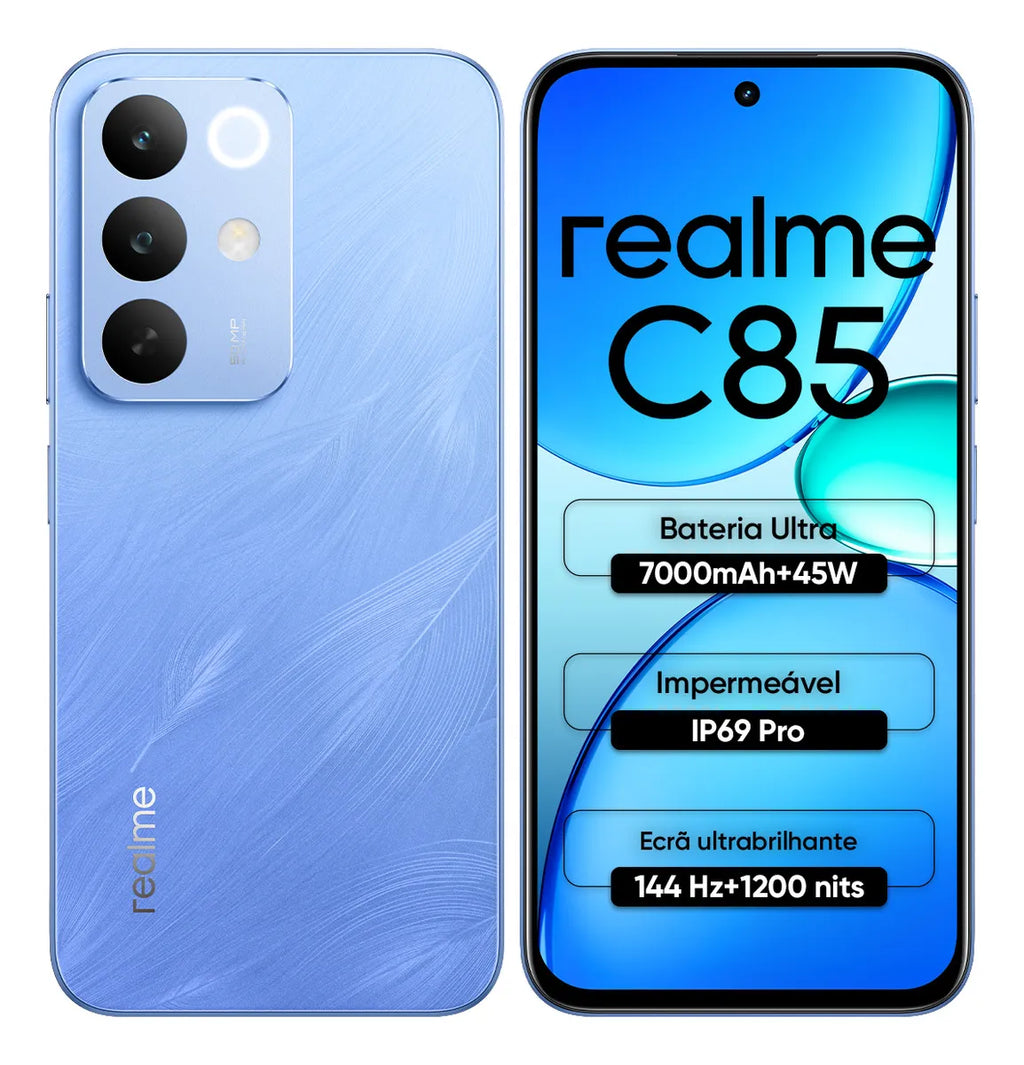 Smartphone Realme C85 256GB 8GB RAM Dual SIM Tela 144Hz Bateria 7000mAh IP69 – Azul